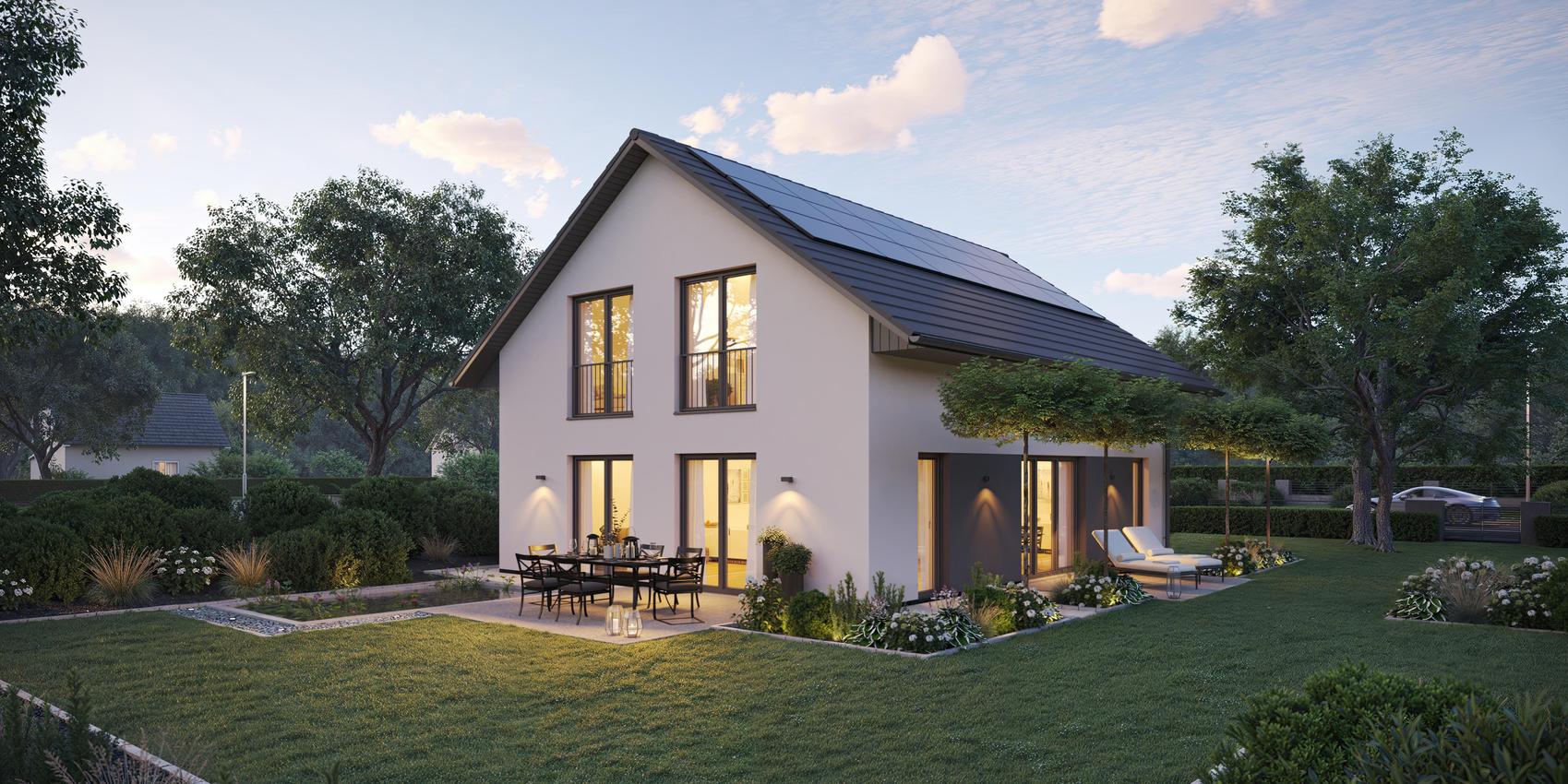 Rückansicht des Maxime 300 - ein Einfamilienhaus weiß verputzt mit einer umlaufenden Terrasse von Viebrockhaus
