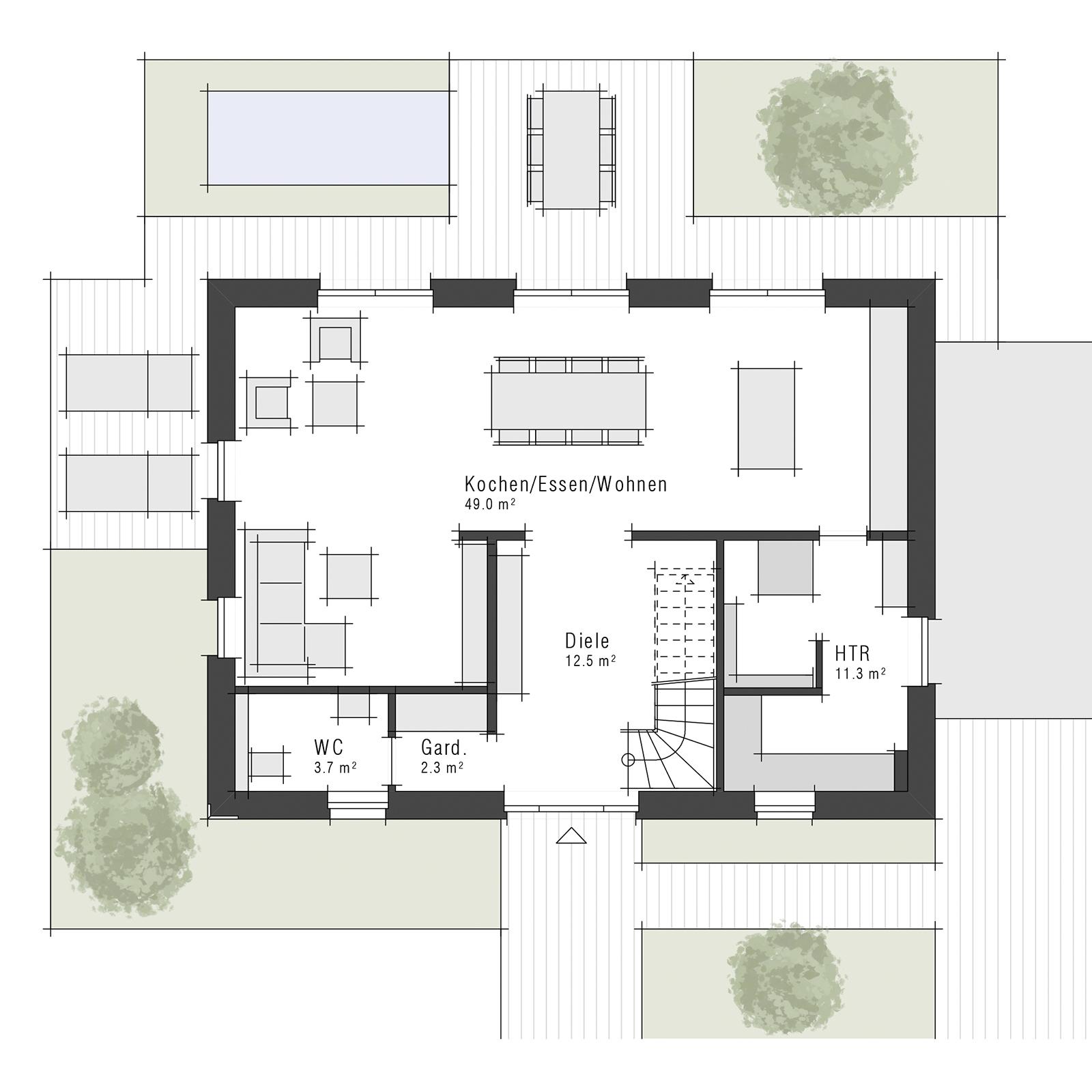 Grundriss des Erdgeschosses der Stadvilla V9 II von Viebrockhaus