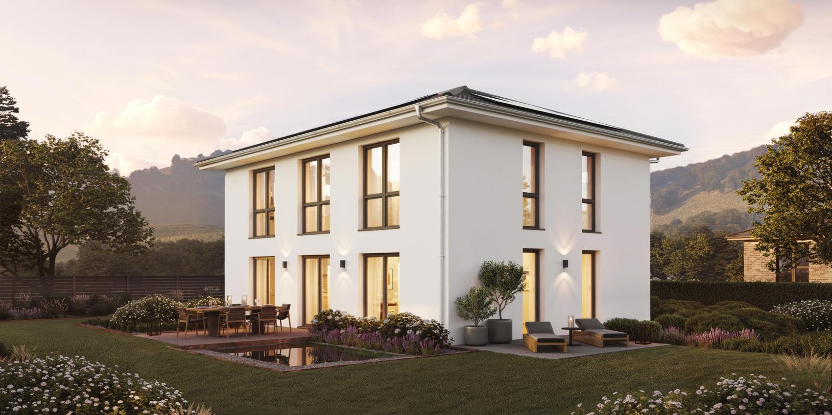 Seitenansicht einer Stadtvilla mit Putzfassade von Viebrockhaus - Das Haus heißt V9 II