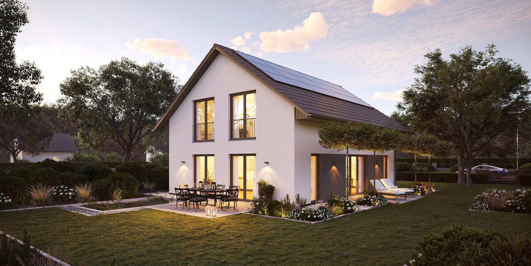 Rückansicht des Maxime 300 - ein Einfamilienhaus weiß verputzt mit einer umlaufenden Terrasse von Viebrockhaus
