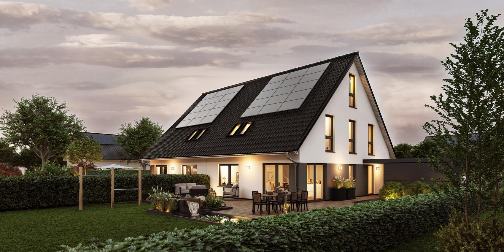 Doppelhaus weiß-verputzt mit grauen Aktzenten und einer großen Terrasse - V12 D