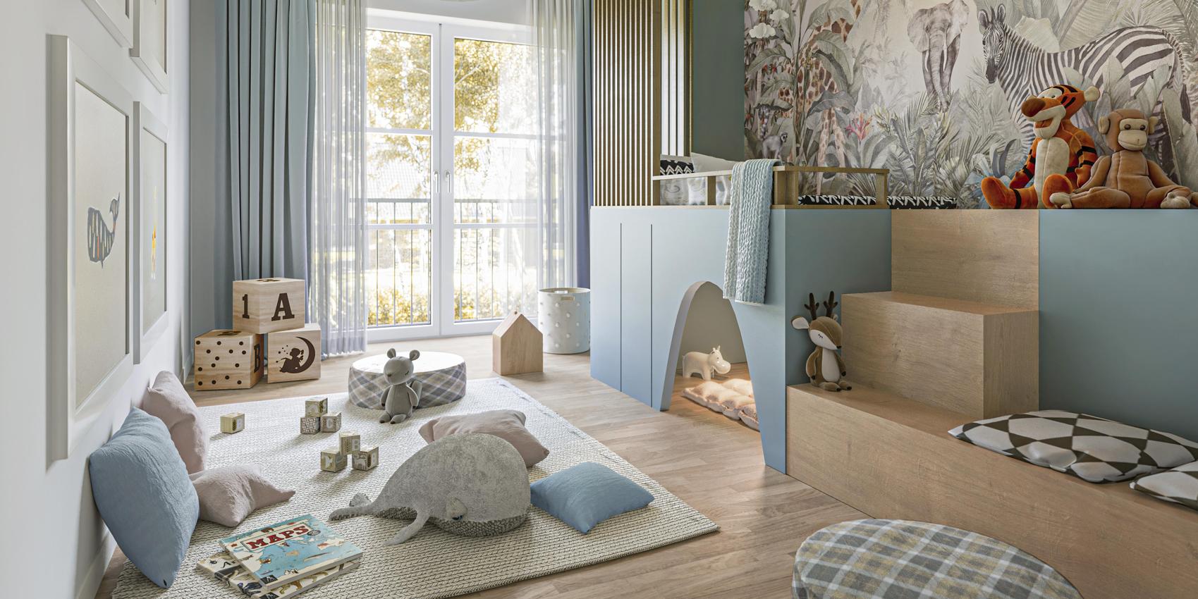 Blick in ein hell gestaltetes Kinderzimmer mit Hochebene und Kuschelhöhle