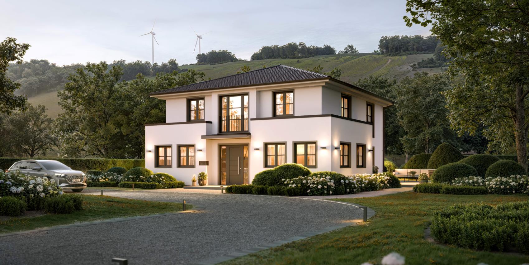 Frontansicht einer Stadtvilla mit Putzfassade von Viebrockhaus - Das Haus heißt Edition 800 II