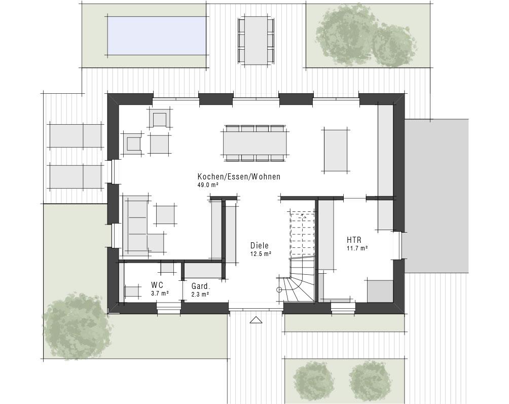 Grundriss des Erdgeschosses der Stadvilla V9 II von Viebrockhaus