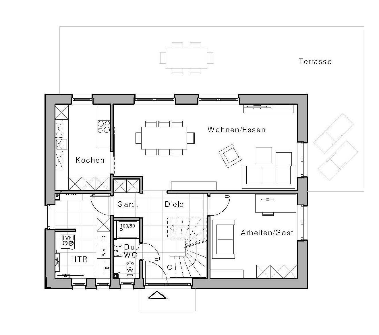 Grundriss des Erdgeschosses des V1 als Einfamilienhaus von Viebrockhaus