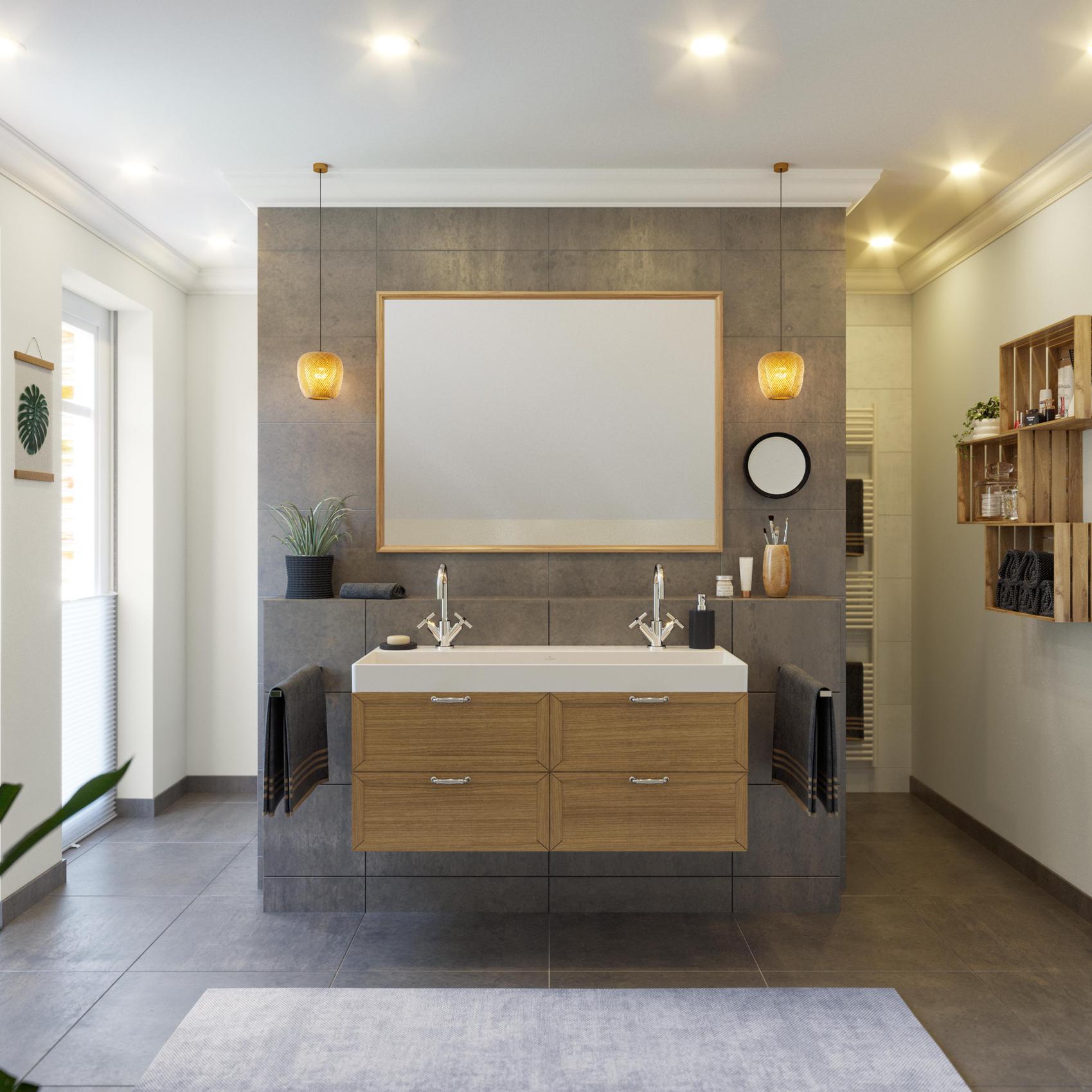 Blick in ein modernes Badezimmer mit Doppelwaschtisch