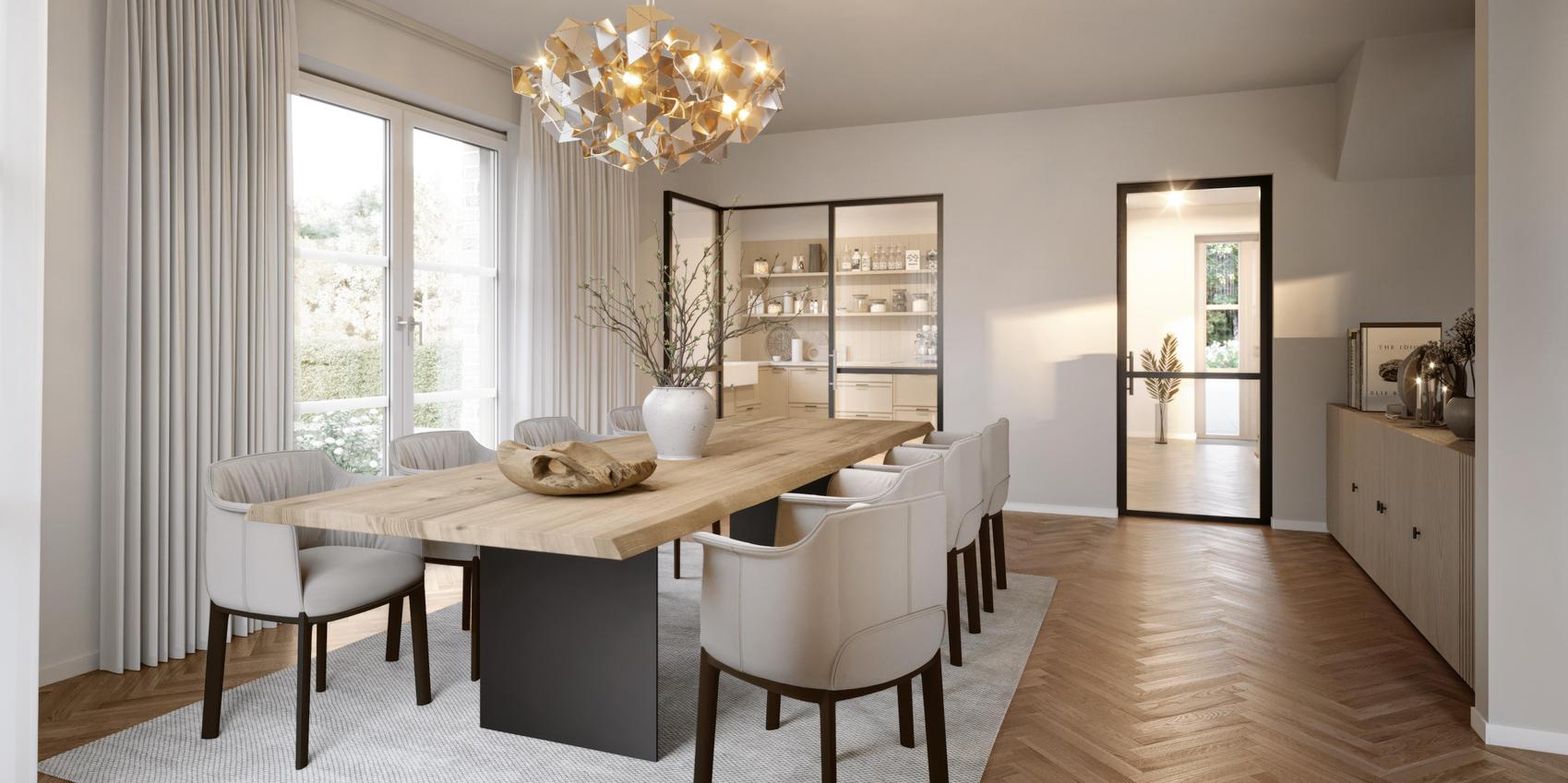 Blick in ein hell gestaltetes Esszimmer mit Polsterstühlen und dekorativer Leuchte