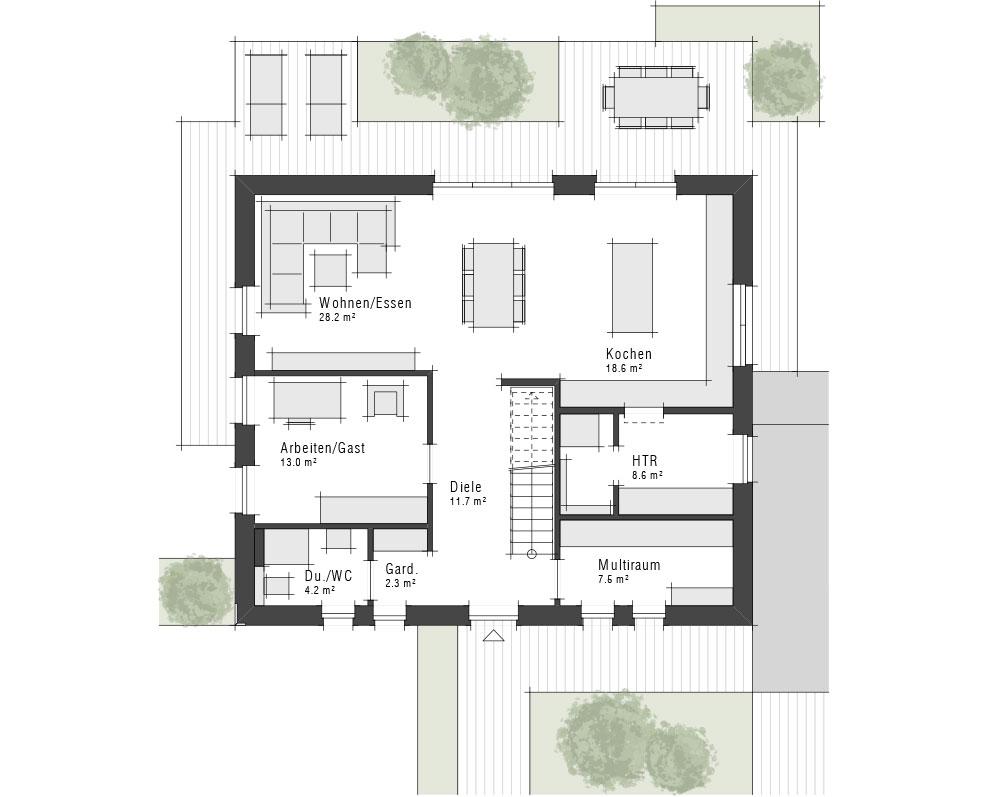 Grundriss des Erdgeschosses des Einfamilienhauses Maxime 700 von Viebrockhaus