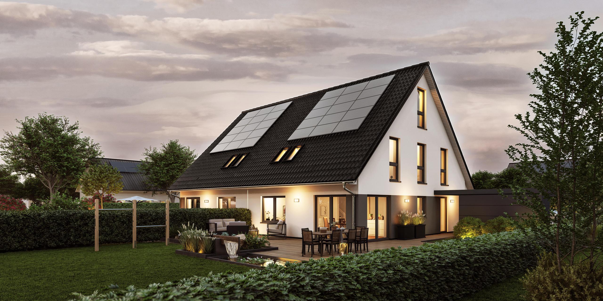 Doppelhaus weiß-verputzt mit grauen Aktzenten und einer großen Terrasse - V12 D
