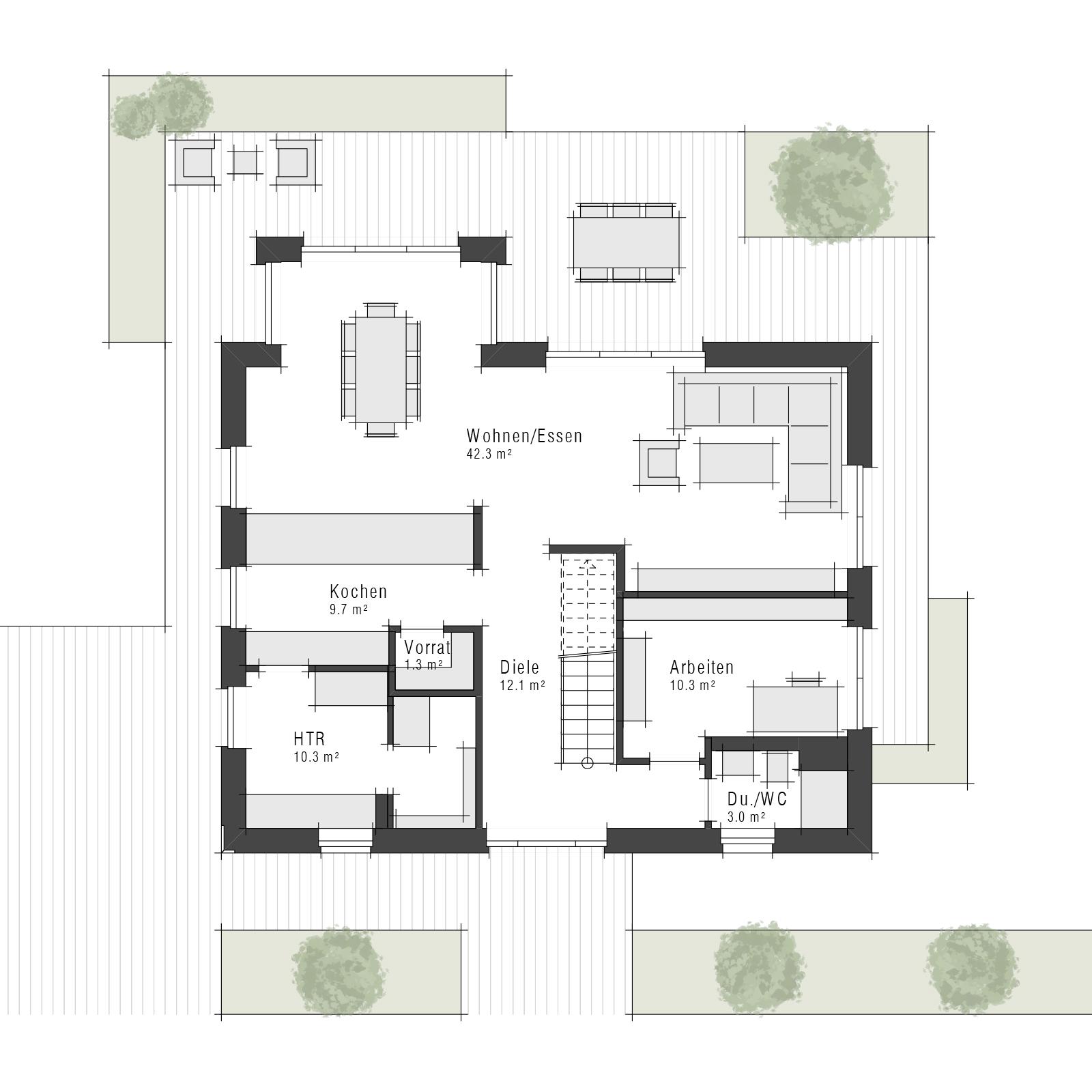 Grundriss Erdgeschoss eines Einfamilienhauses Maxime 450 von Viebrockhaus