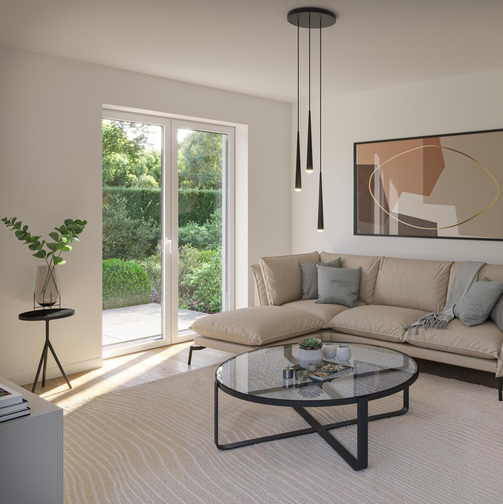 Blick in ein helles Wohnzimmer mit Ecksofa