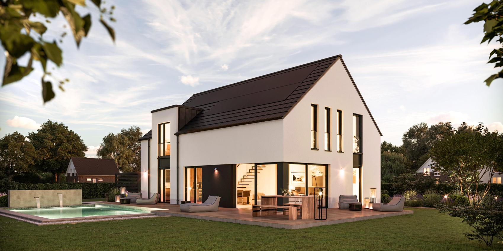 Ansicht eines Einfamilienhauses mit zwei Etagen in der Dämmerung. Das Haus hat einen Garten mit Pool und eine große, umlaufende Terrasse. Es handelt sich um das Maxime 380 von Viebrockhaus