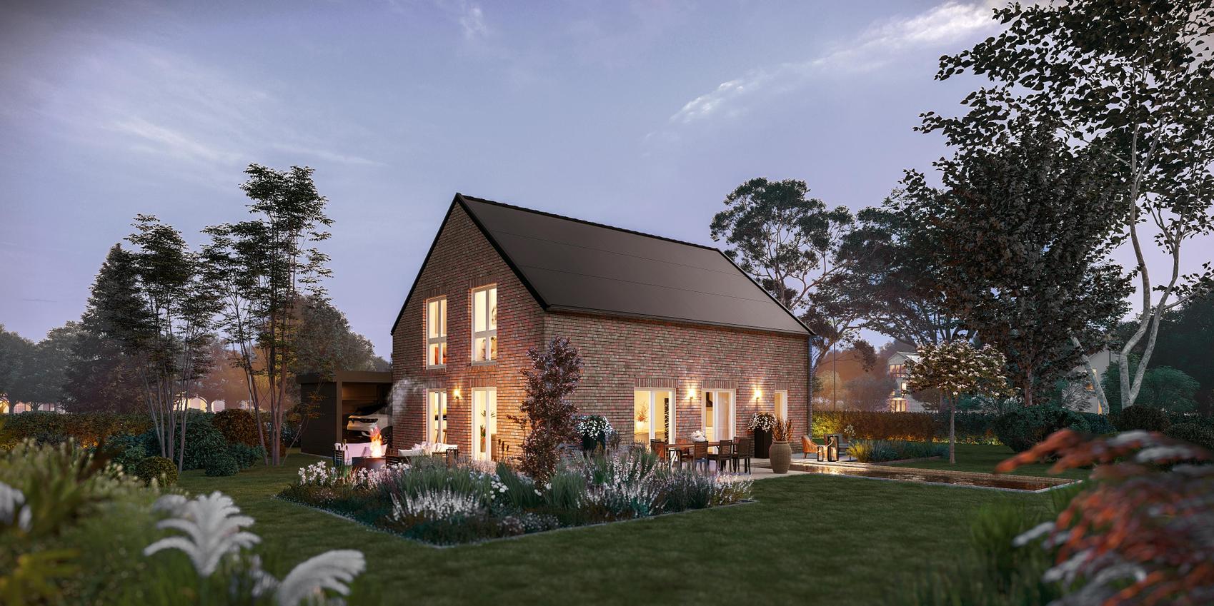 Seitenansicht eines Einfamilienhauses mit Klinker und einer großen Power Roof auf dem Dach. Es handelt sich um das V3 Limited von Viebrockhaus