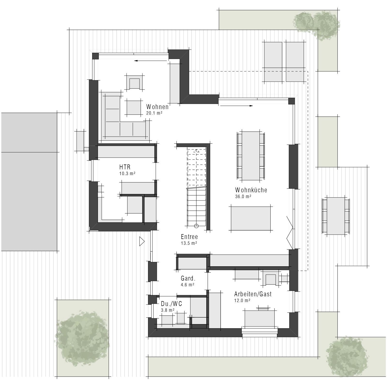 Grundriss des Erdgeschosses der Stadvilla Edition 900 II von Viebrockhaus