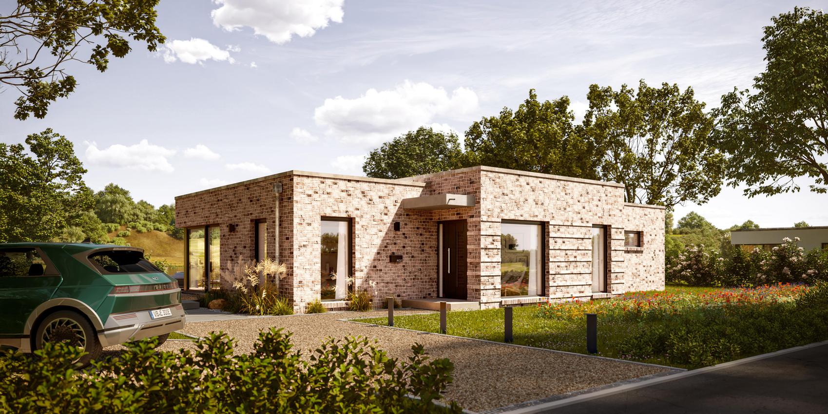 Ansicht von der Seite eines Flachdachbungalows mit einem See direkt vor der Terrasse. Es handelt sich um das Edition 300 B von Viebrockhaus