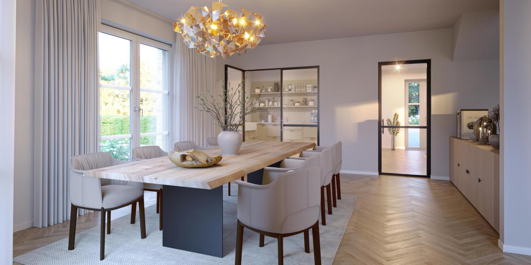 Blick in ein hell gestaltetes Esszimmer mit Polsterstühlen und dekorativer Leuchte