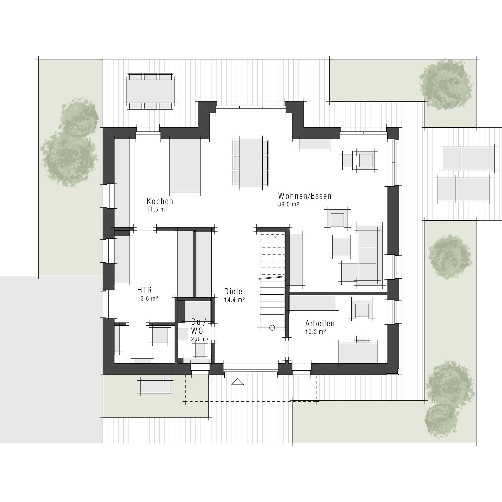 Grundriss Erdgeschoss eines Einfamilienhauses Maxime 610 von Viebrockhaus im Stil Modern
