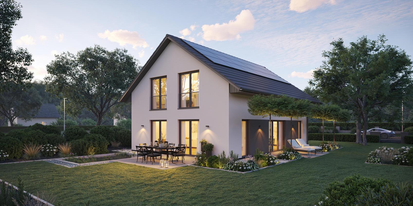 Modernes Einfamilienhaus mit Garten, weißem Putz und dunklen Fensterrahmen