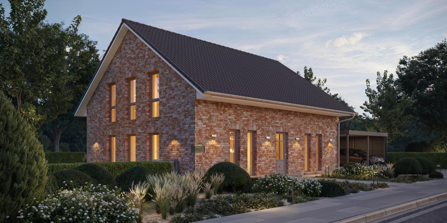Giebel- und Seitenansicht eines Einfamilienhauses mit Klinkerstein von Viebrockhaus - Das Haus heißt Maxime 700